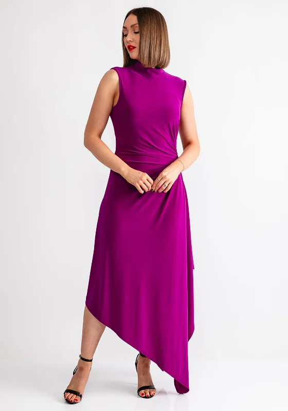 Halterneck dress – Dress with straps that tie around the neck, leaving the shoulders and back exposed.Joseph Ribkoff Ruched Asymmetrical Midi Dress, Purple