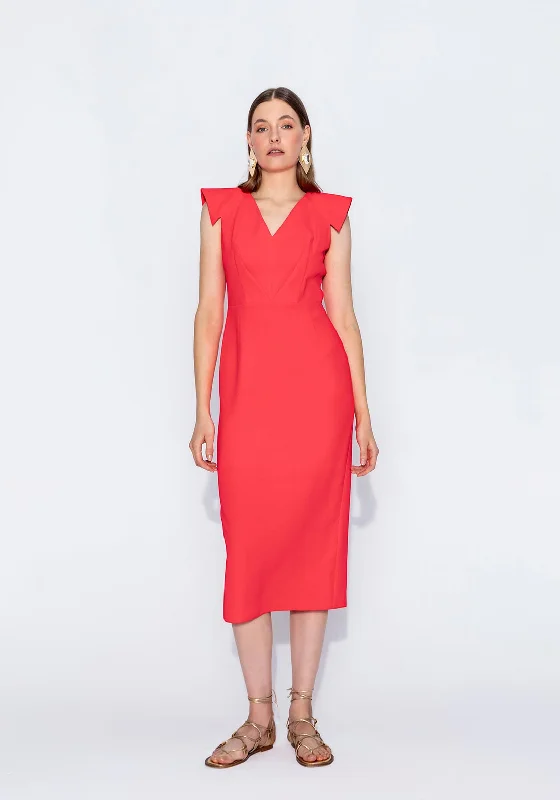 T-shirt dress – Casual dress made from T-shirt-like material, typically loose-fitting and comfortable.Kameya V-Neckline Midi Pencil Dress, Red