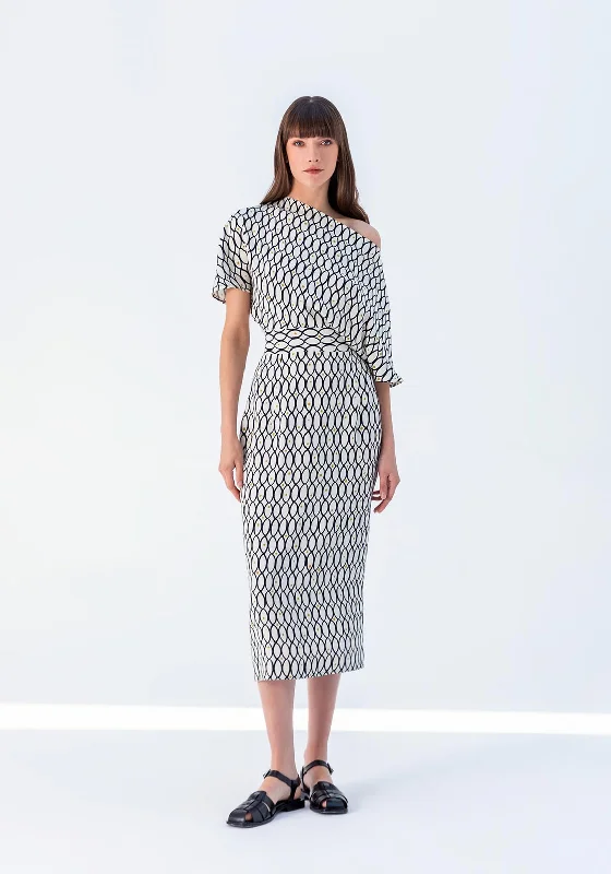 T-shirt dress – Casual dress made from T-shirt-like material, typically loose-fitting and comfortable.Kameya One Shoulder Oval Print Maxi Dress, Ecru