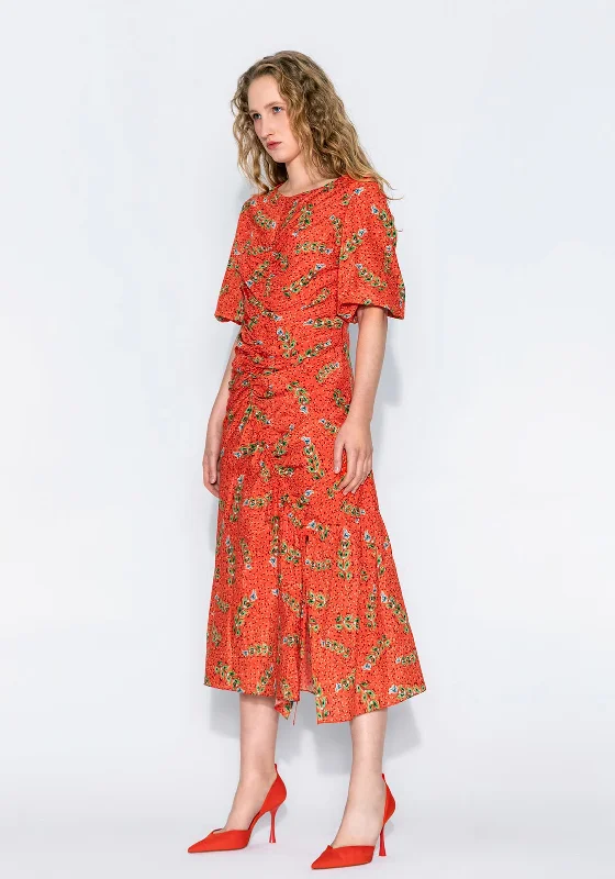 Off-the-shoulder dress – Dress with sleeves or straps that sit below the shoulders, exposing the upper arms.Kameya Ruched Detail Multi Print Maxi Dress, Coral