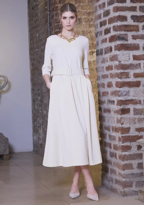 Cocktail dress – Dress typically worn for semi-formal events, often knee-length or slightly above.Kate Cooper Belted Flare Midi Dress, Off White