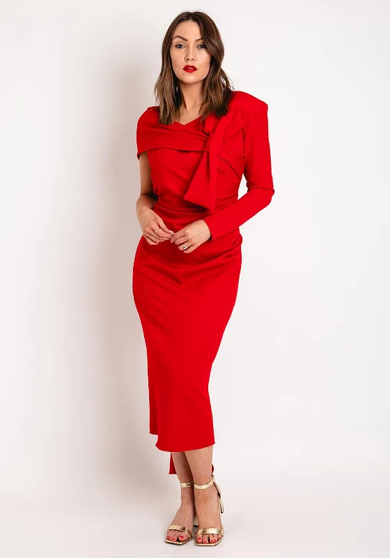 Off-the-shoulder dress – Dress with sleeves or straps that sit below the shoulders, exposing the upper arms.Kevan Jon Carolyn One Shoulder Bow Detail Midi Dress, Red