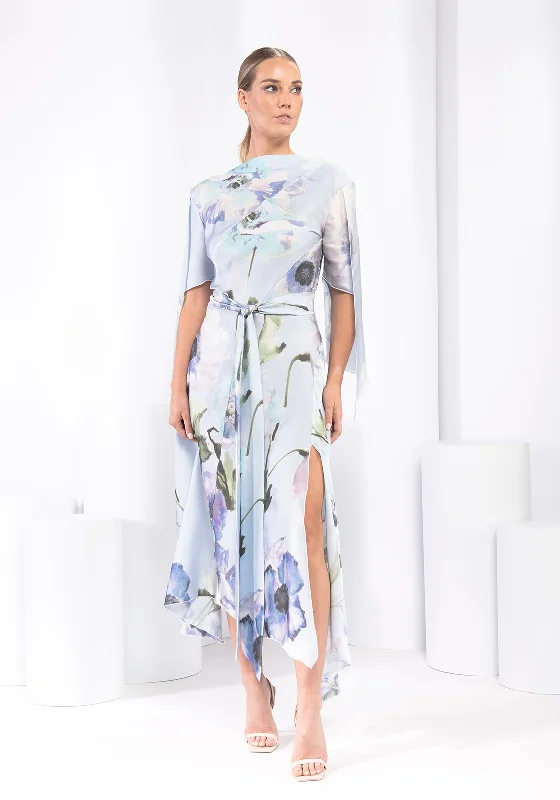 Lace dress – Dress made with lace fabric, often delicate and romantic, suitable for special occasions.Kevan Jon Como Open Sleeve Print Maxi Dress, Blue