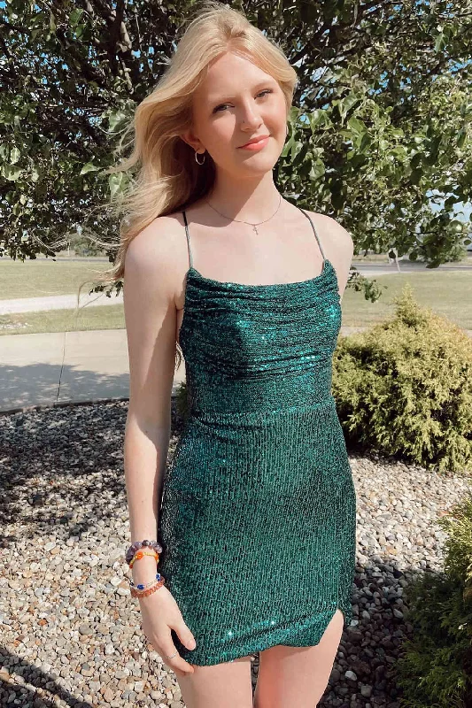 Corset dress – Dress designed with a built-in corset or lace-up feature to create a cinched, structured waist.Lace-Up Hunter Green Sequin Bodycon Homecoming Dress