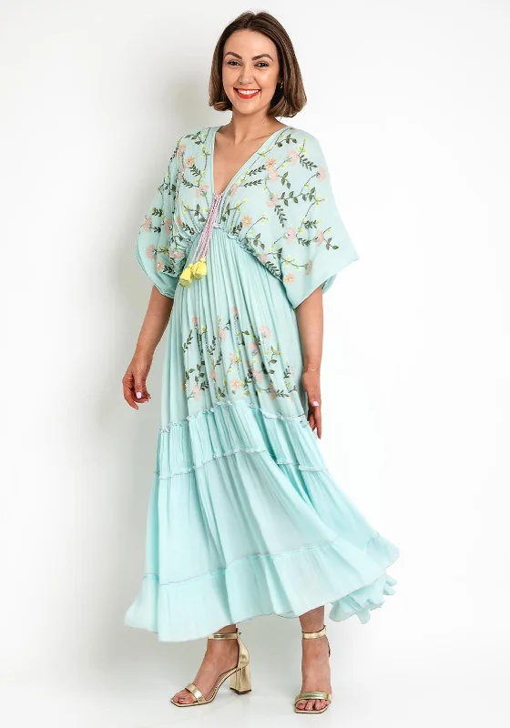 Ball gown dress – Formal, full-skirted dress often worn for weddings, proms, or galas.Seventy1 One Size Floral Embroidered Maxi Dress, Duck Egg