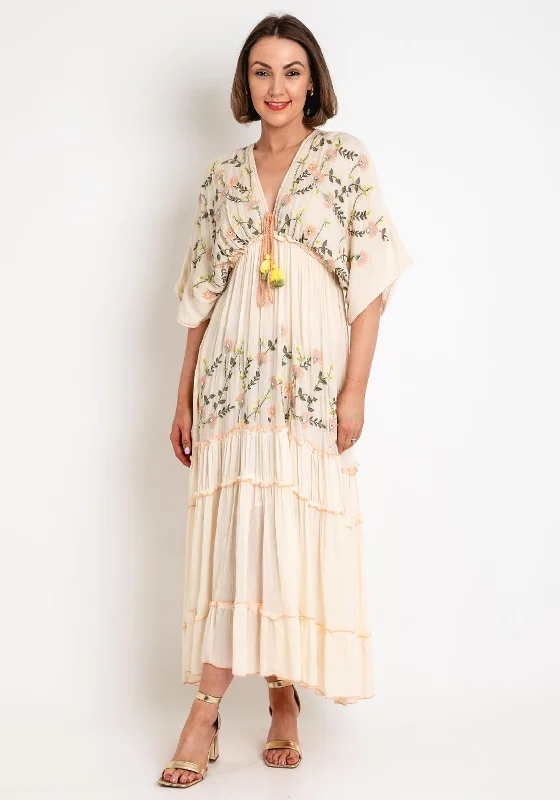 Fit-and-flare dress – Dress that is fitted at the top and flares out at the bottom, offering a feminine and flattering shape.Seventy1 One Size Floral Embroidered Maxi Dress, Ecru