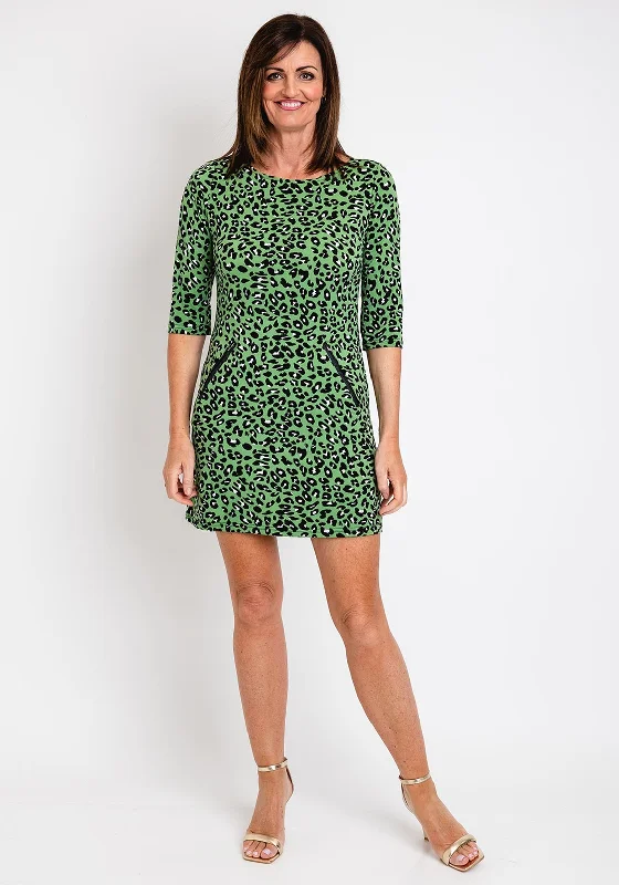 Ruffle skirt – Skirt with ruffled edges or layers, adding movement and texture.Serafina Collection Shift Leopard Print Mini Dress, Green