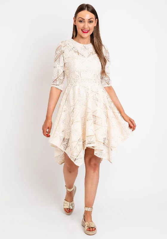 Asymmetrical skirt – Skirt with an uneven or diagonal hemline for a modern and unique appearance.The Sofia Collection Crochet Collar A-Line Mini Dress, Cream