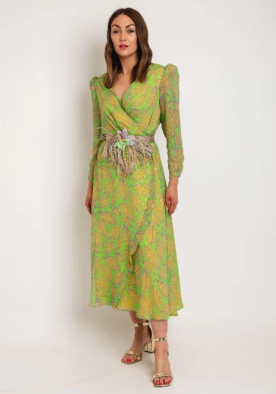 Belted dress – Dress with a belt or waist tie, offering definition and shaping at the waist.Laura Bernal Leaf Print Wrap Midi Dress, Green