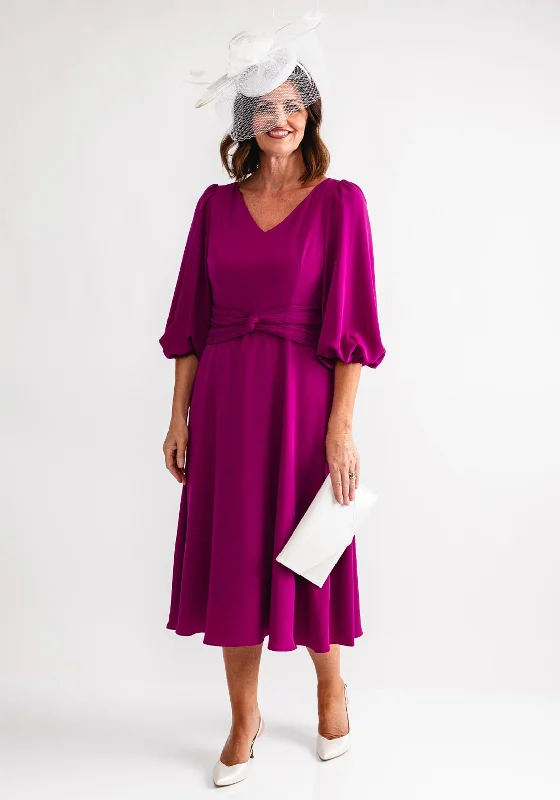 Ball gown dress – Formal, full-skirted dress often worn for weddings, proms, or galas.Lizabella Knit Waist V Neck Midi Dress, Fuchsia