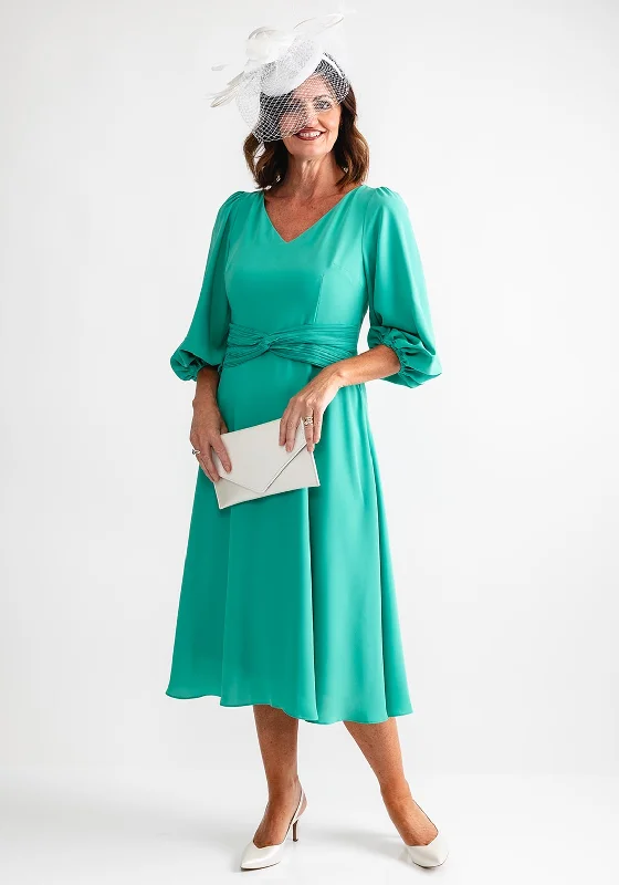 Corset dress – Dress designed with a built-in corset or lace-up feature to create a cinched, structured waist.Lizabella Knit Waist V Neck Midi Dress, Jade Green