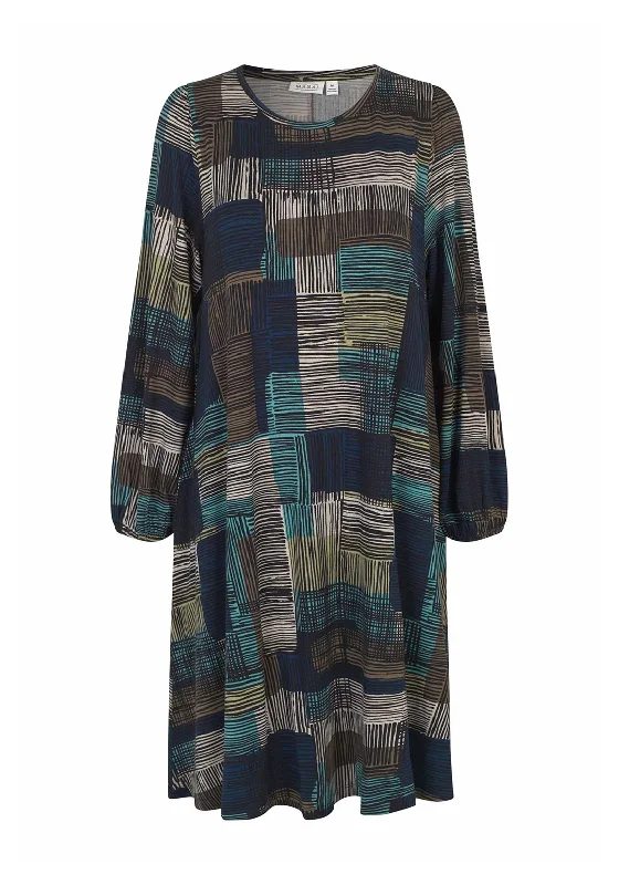 Fit-and-flare dress – Dress that is fitted at the top and flares out at the bottom, offering a feminine and flattering shape.Masai Noam Abstract Print Midi Dress, Teal