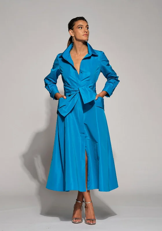 A-line dress – Dress that is fitted at the top and gradually flares out, creating an A-shape silhouette.Moskada Amanda Tie Waist Taffeta Midi A-line Dress, Blue