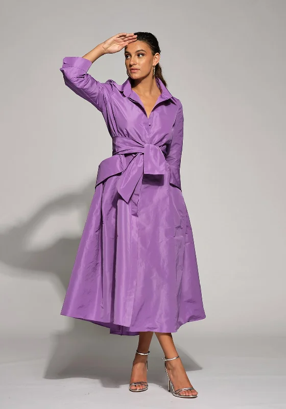 Corset dress – Dress designed with a built-in corset or lace-up feature to create a cinched, structured waist.Moskada Amanda Tie Waist Taffeta Midi A-line Dress, Purple