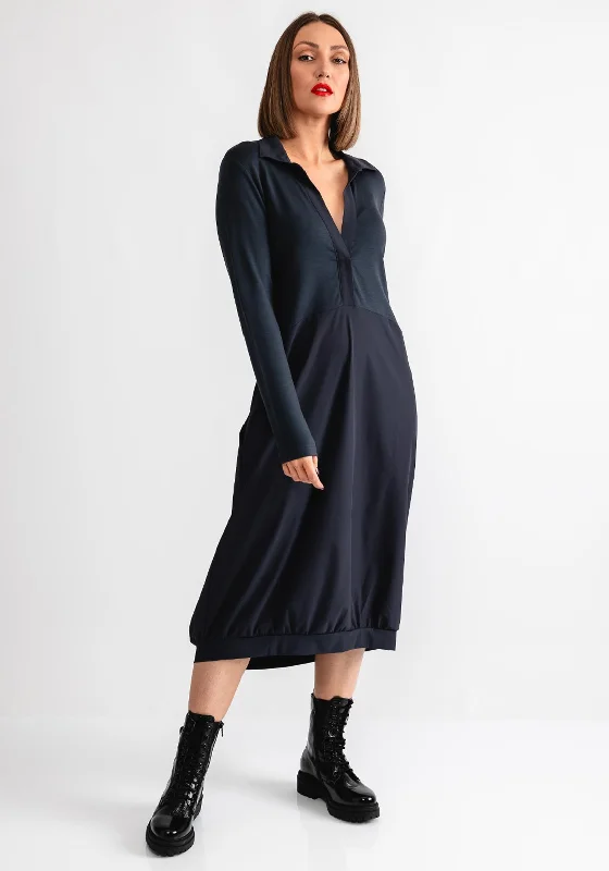 A-line dress – Dress that is fitted at the top and gradually flares out, creating an A-shape silhouette.Naya Contrast Fabric Shirt Midi Dress, Grey