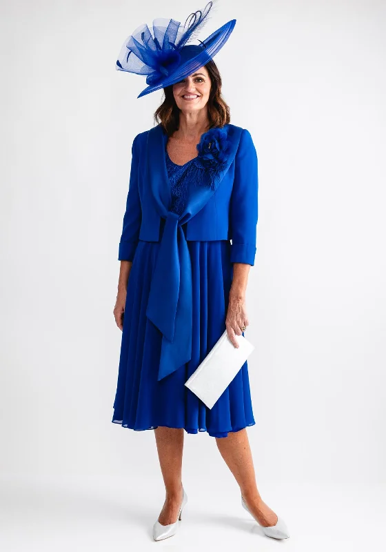 Empire waist dress – Dress with a high waistline, just under the bust, for a flattering silhouette.Ophelia Melita Chiffon Dress and Jacket, Royal Blue