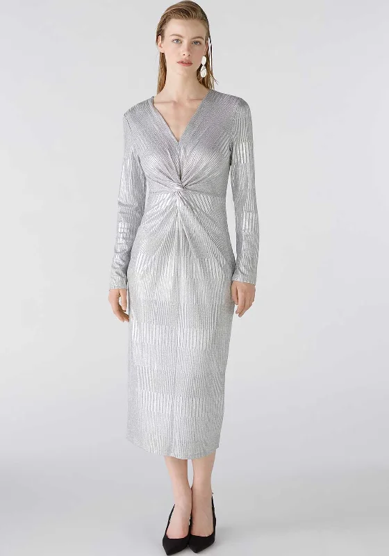 Lace dress – Dress made with lace fabric, often delicate and romantic, suitable for special occasions.Oui Metallic Knot Detail Midi Pencil Dress, Silver