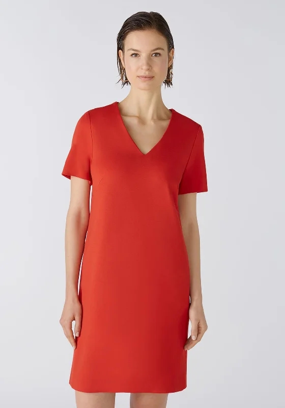 Pleated skirt – Skirt with folds or pleats, adding volume and texture to the fabric.Oui V-Neck Heavy Jersey Straight Fit Mini Dress, Aura Orange