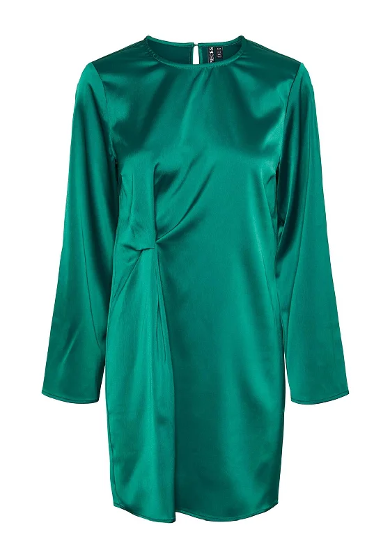 Asymmetrical skirt – Skirt with an uneven or diagonal hemline for a modern and unique appearance.Pieces Norella Ruched Side Mini Satin Dress, Eden Green