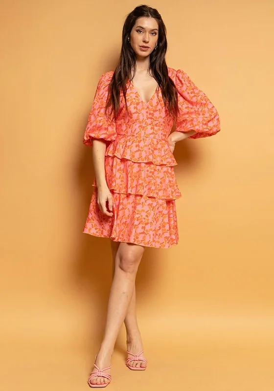 Ruffle skirt – Skirt with ruffled edges or layers, adding movement and texture.Seventy1 Bishop Sleeve Tiered Mini Dress, Orange & Pink