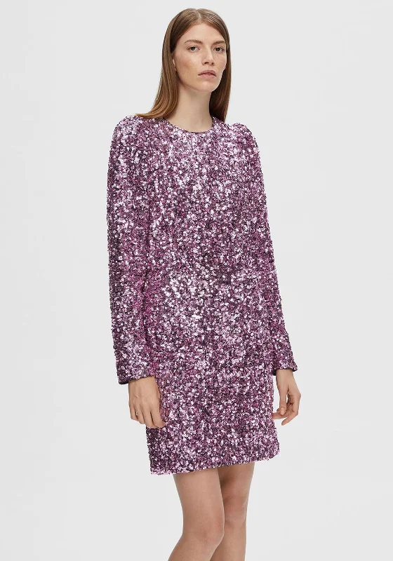 Pleated skirt – Skirt with folds or pleats, adding volume and texture to the fabric.Selected Femme Colyn Sequin Embellished Mini Dress, Pink Lavender