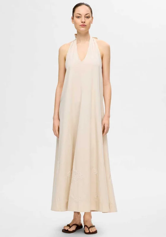 Halterneck dress – Dress with straps that tie around the neck, leaving the shoulders and back exposed.Selected Femme Melli Halterneck Maxi Dress, Sandshell