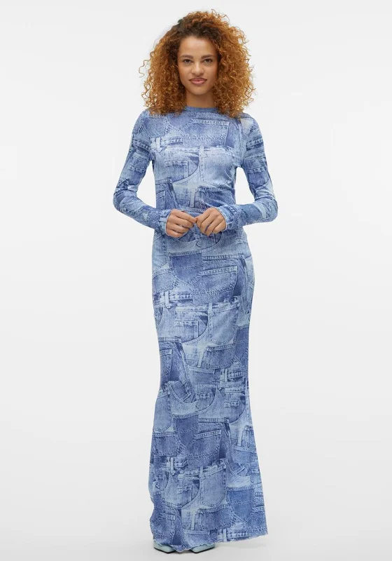 Tea-length dress – Dress that falls between the knee and ankle, perfect for more formal or vintage-inspired occasions.SOMETHINGNEW Denny Denim Print Mesh Maxi Dress, Blue