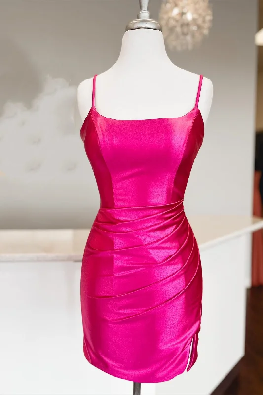 V-neck dress – Dress with a V-shaped neckline that flatters the chest and elongates the neck.Straps Fuchsia Ruched Bodycon Homecoming Dress