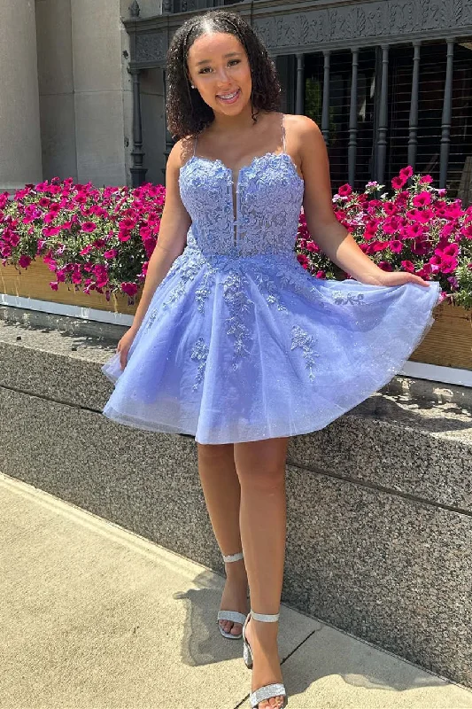 Ball gown dress – Formal, full-skirted dress often worn for weddings, proms, or galas.Straps Periwinkle Corset A-Line Homecoming Dress with Appliques