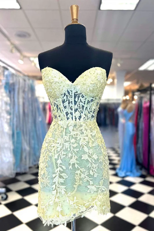 Bodycon dress – Tight-fitting dress that hugs the body and emphasizes curves.Sweetheart Yellow Lace Corset Tight Homecoming Dress