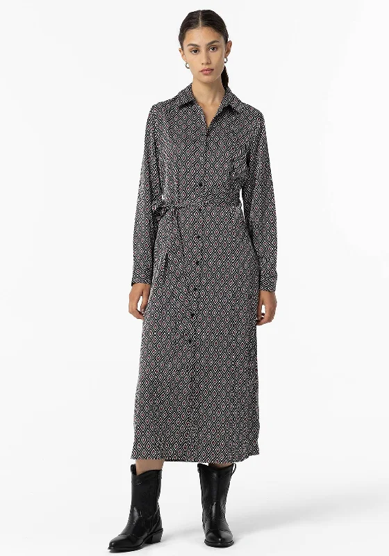 Sheath dress – Form-fitting dress that hugs the body and typically hits just above or at the knee.Tiffosi Sodade Geo Print Midi Shirt Dress, Blue