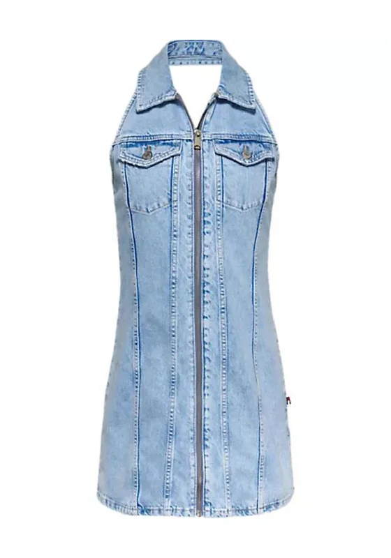 Skater skirt – Flared skirt that is fitted at the waist and flares out, resembling the shape of a skating skirt.Tommy Jeans Zip Halter Neck Mini Dress, Light Denim