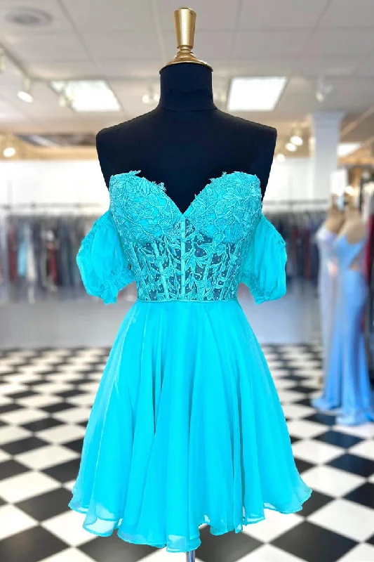 Empire waist dress – Dress with a high waistline, just under the bust, for a flattering silhouette.Turquoise Lace Corset A-Line Homecoming Dress with Puff Sleeves