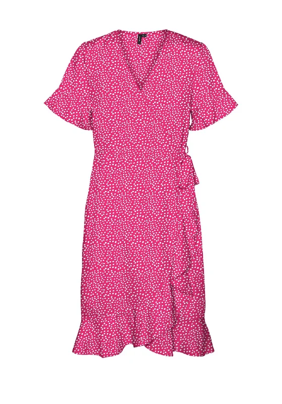 Skater skirt – Flared skirt that is fitted at the waist and flares out, resembling the shape of a skating skirt.Vero Moda Polka Dot Wrap Mini Dress, Pink Yarrow