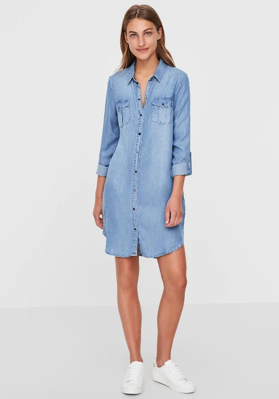 Button-front skirt – Skirt with a row of buttons down the front for a vintage-inspired look.Vero Moda Silla Mini Denim Shirt Dress, Light Blue