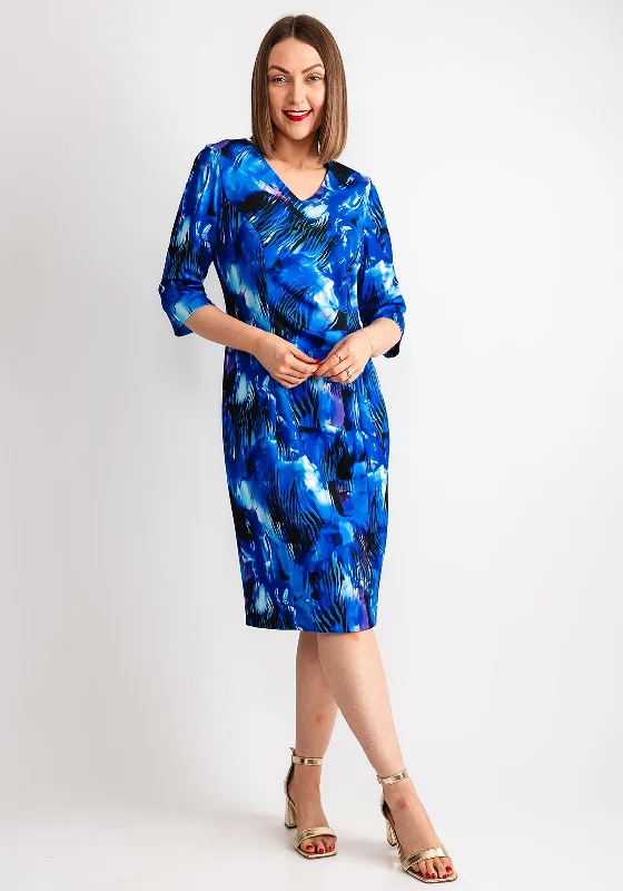 Mini dress – Short dress that usually ends above the knee, often casual or party wear.Via Veneto Printed Ruched Knee Length Pencil Dress, Cobalt Blue