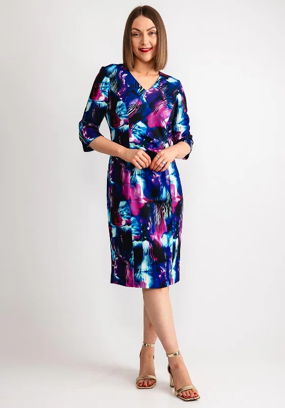 Belted dress – Dress with a belt or waist tie, offering definition and shaping at the waist.Via Veneto Printed Ruched Knee Length Pencil Dress, Purple Multi