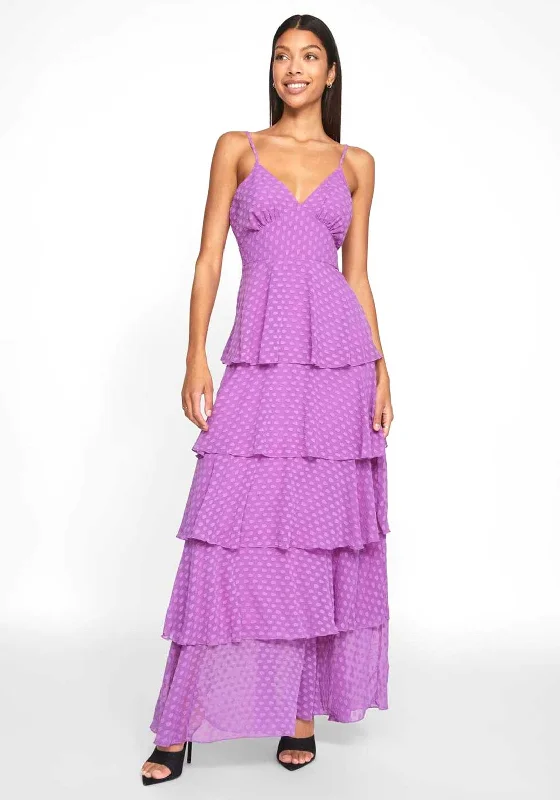 Tea-length dress – Dress that falls between the knee and ankle, perfect for more formal or vintage-inspired occasions.Vila Ruffle Spot Maxi Dress, Dewberry