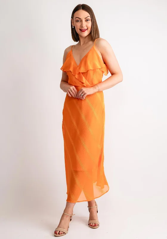 A-line dress – Dress that is fitted at the top and gradually flares out, creating an A-shape silhouette.Vila Mina Frill Wrap Midi Dress, Sun Orange