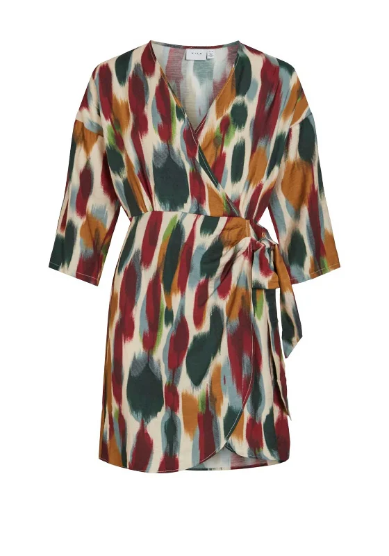 A-line dress – Dress that is fitted at the top and gradually flares out, creating an A-shape silhouette.Vila Rano Art Print Wrap Dress, Angora