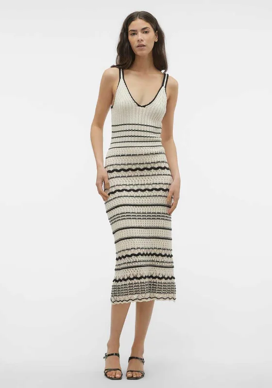 Midi dress – Dress that falls to the mid-calf, giving a balanced, modest, yet stylish appearance.Vero Moda Minou Crochet Dress, Birch & Black