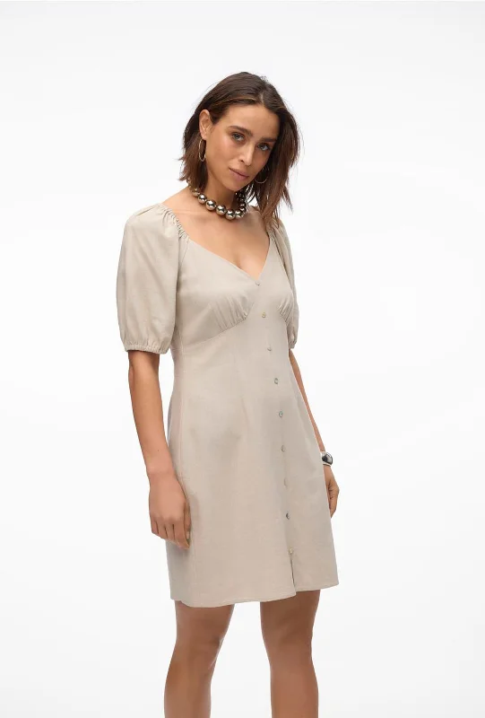 Pencil skirt – Tight-fitting skirt that hugs the body and usually falls to or just below the knee.Vero Moda Mymilo Linen Blend Button Mini Dress, Silver Lining