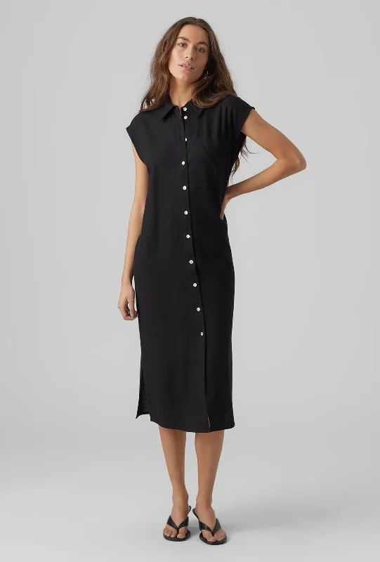 Fit-and-flare dress – Dress that is fitted at the top and flares out at the bottom, offering a feminine and flattering shape.Vero Moda Mymilo Linen Blend Shirt Midi Dress, Black