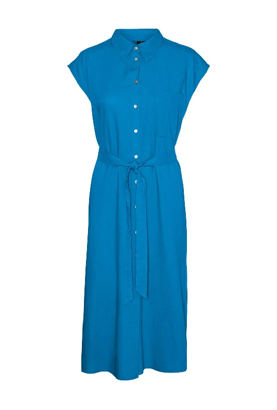 Halterneck dress – Dress with straps that tie around the neck, leaving the shoulders and back exposed.Vero Moda Mymilo Linen Blend Shirt Midi Dress, Ibiza Blue