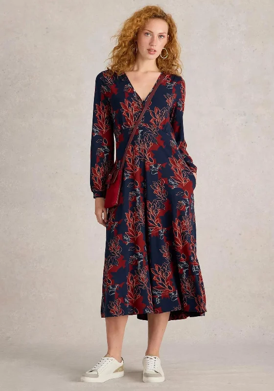 Sheath dress – Form-fitting dress that hugs the body and typically hits just above or at the knee.White Stuff Megan Floral Print Jersey Midi Dress, Navy