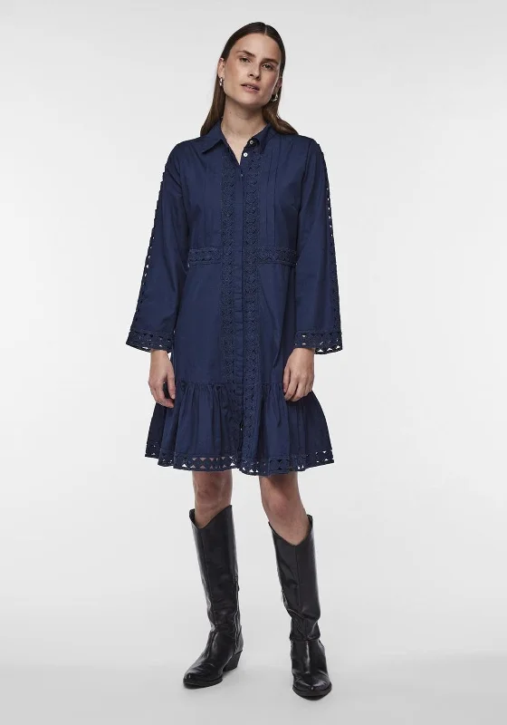 Ruffle skirt – Skirt with ruffled edges or layers, adding movement and texture.Y.A.S Janna Crochet Trim Mini Shirt Dress, Dark Blue