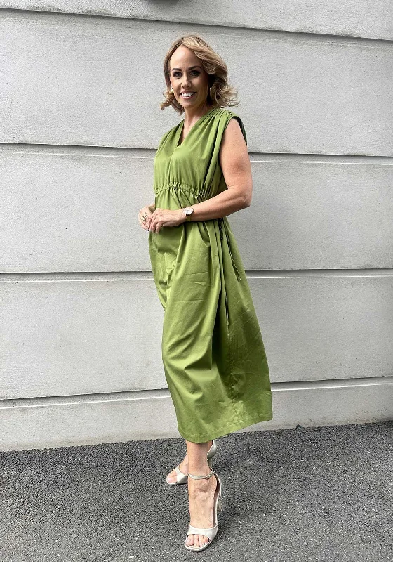 Tea-length dress – Dress that falls between the knee and ankle, perfect for more formal or vintage-inspired occasions.Y.A.S Nimea Drawstring Long Dress, Grasshopper