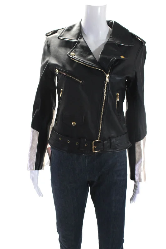 Cropped – Short in length, above the waistAlice Balas Womens Metallic Studded Leather Jacket Black Champagne