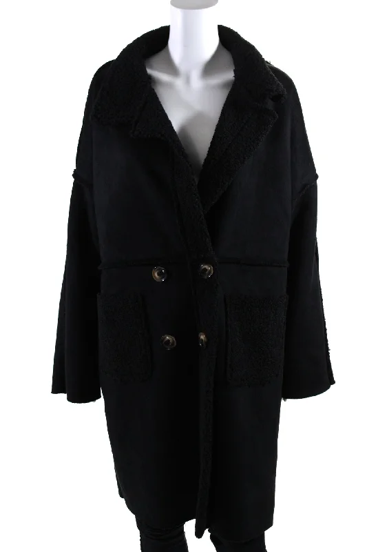 Padded – With extra filling for warmthApricot Womens Faux Shearling Double Breasted Collared Coat Black