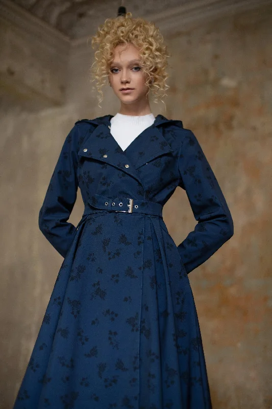 Zipper closure – With zippers, zip-upDouble Breasted Trench Coat in Dark Blue with Black Floral Print | 'Blue Frost'